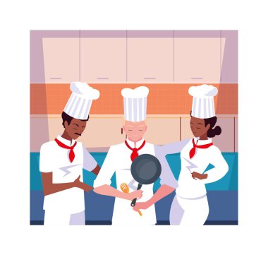 Yemek yapan bir grup insan, beyaz üniformalı bir aşçı takımı.