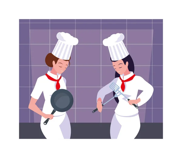 Hermosas mujeres cocinando, chef en uniforme blanco — Archivo Imágenes Vectoriales