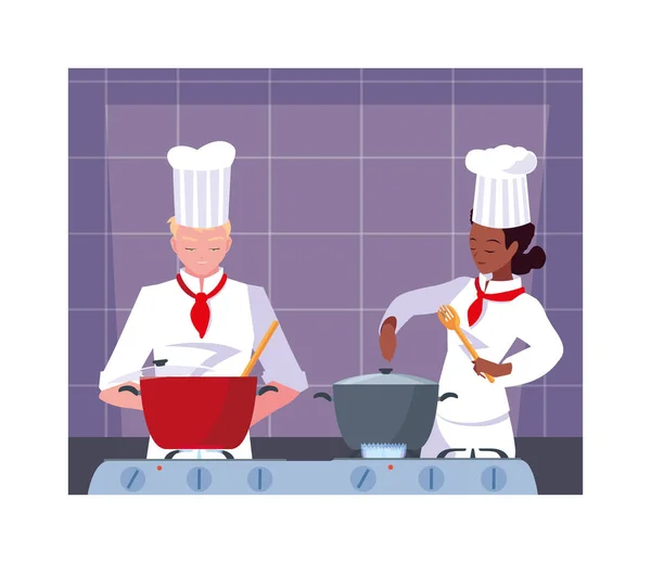 Un par de personas cocinando, un par de cocineros con uniforme blanco — Vector de stock
