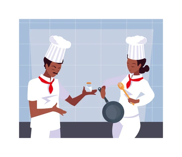 Un par de personas cocinando, un par de cocineros con uniforme blanco — Vector de stock