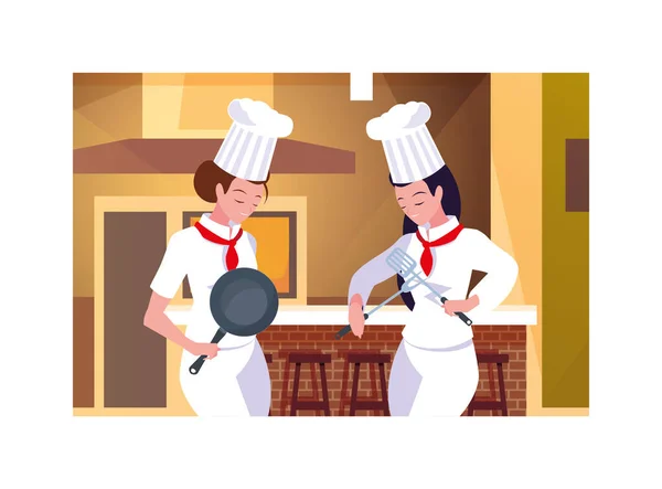 Красивые женщины приготовления пищи, шеф-повар в белой форме — стоковый вектор