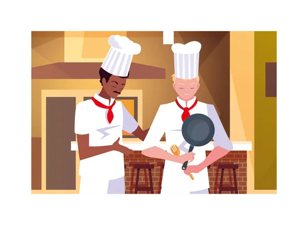 Hombres cocinando, chef en uniforme blanco — Archivo Imágenes Vectoriales