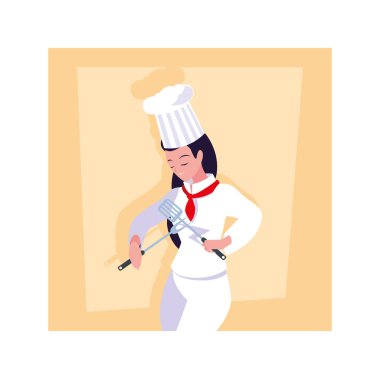 Kadın yemekleri, beyaz üniformalı aşçı.