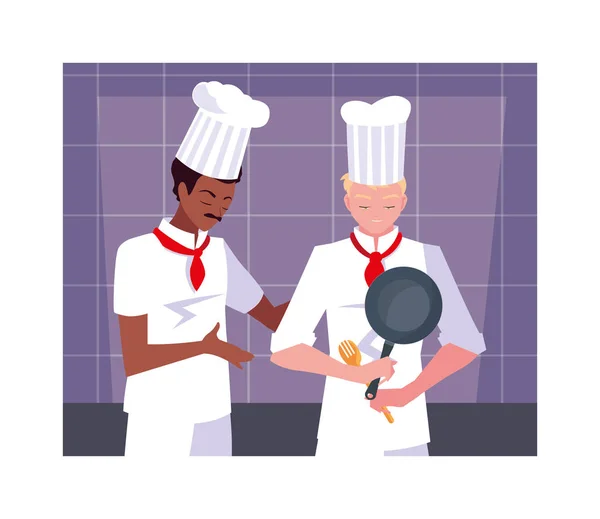 做饭的男人，穿着白衣的厨师 — 图库矢量图片
