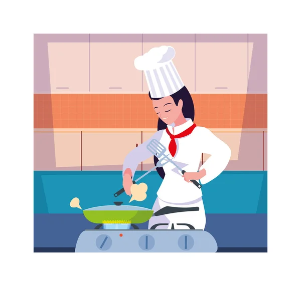 女厨师，穿着白衣的厨师 — 图库矢量图片