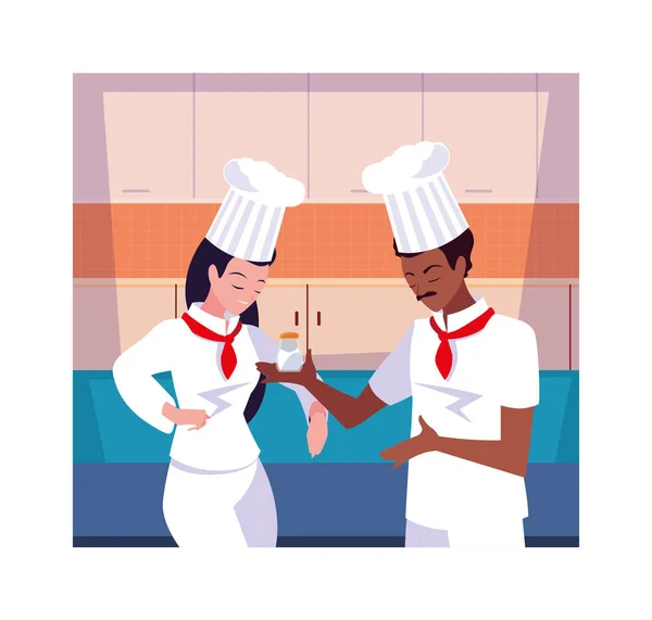 Un par de personas cocinando, un par de cocineros con uniforme blanco — Archivo Imágenes Vectoriales