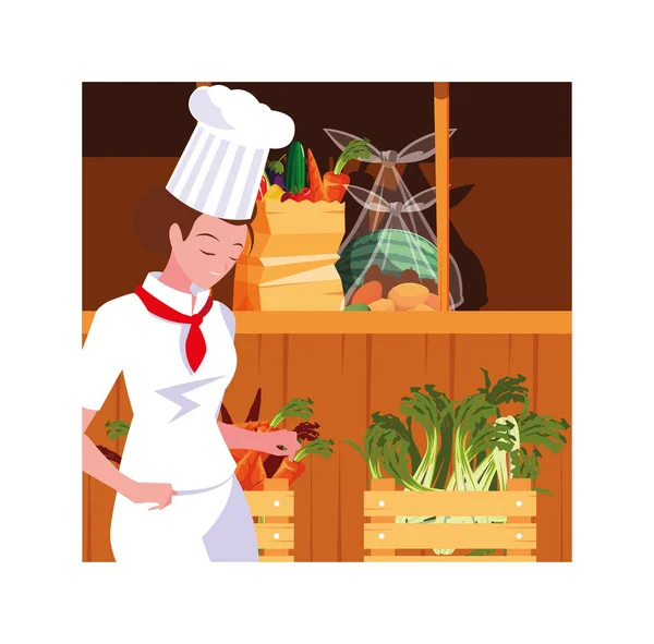 Woman cooking, chef in white uniform — Stock Vector