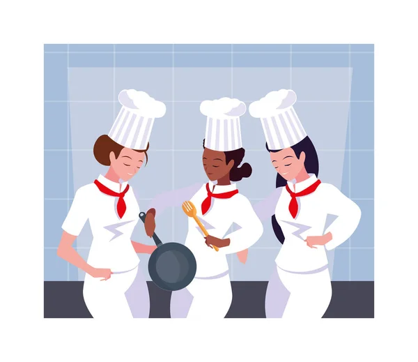 Mulheres bonitas cozinhar, chef em uniforme branco —  Vetores de Stock