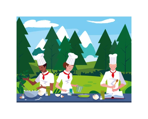 Homens cozinhar, chef em uniforme branco — Vetor de Stock