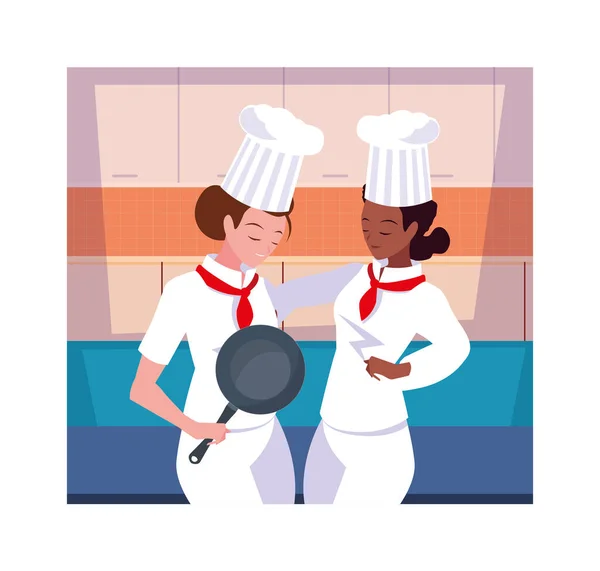 Belle donne che cucinano, chef in uniforme bianca — Vettoriale Stock