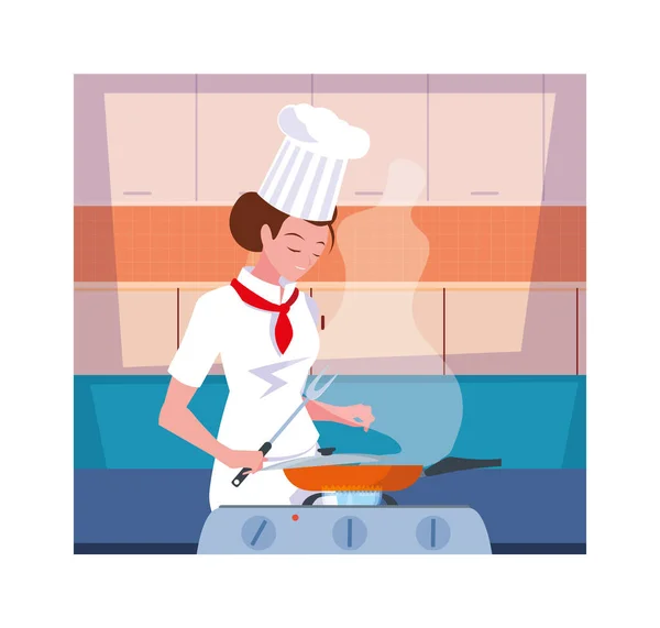 Vrouw koken, chef-kok in wit uniform — Stockvector