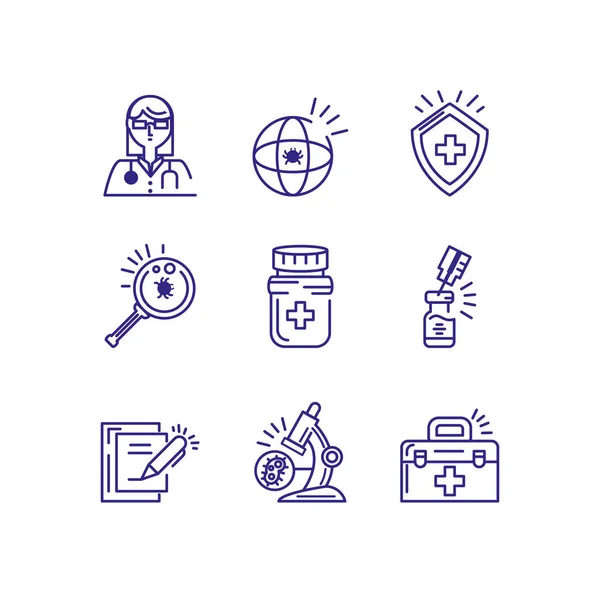 Medical and chemistry icons set, line detail style — Stockvektor