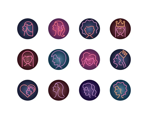 Icon set of women and female concept, neon style icon — ストックベクタ