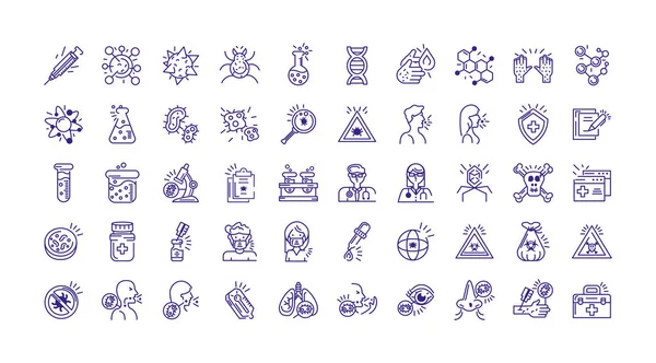 Virus, kemi och hälsa ikoner som, linje detalj stil — Stock vektor