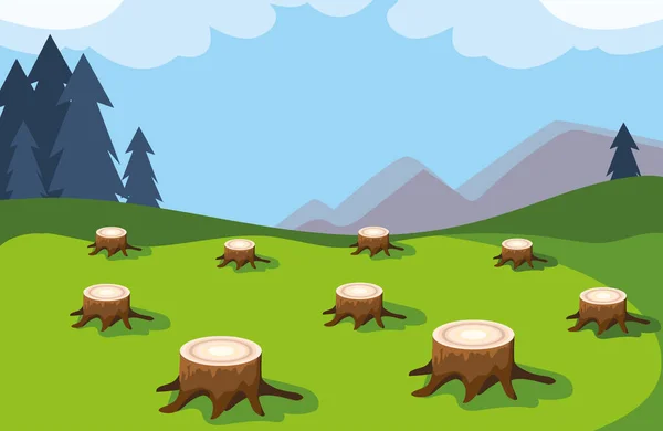 Tree stumps showing deforestation, environmental disaster — Stockvector