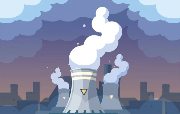 Nubes de humo industriales en el vertedero de la ciudad, contaminación ambiental del reactor nuclear — Vector de stock