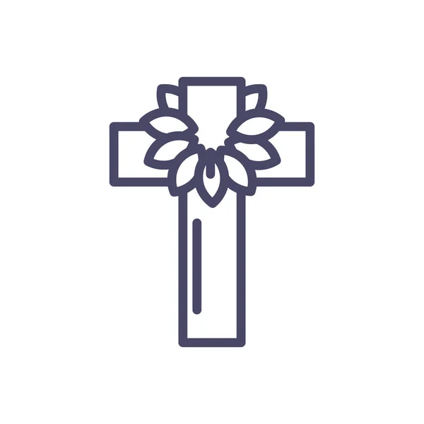 Cruz católica con corona de hojas, icono de estilo de línea — Vector de stock
