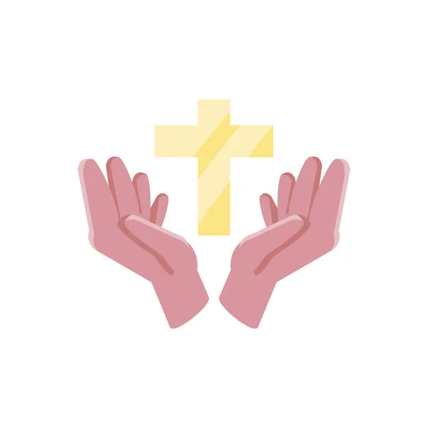 Mãos com jesus cruz ícone, colorido e design de estilo plano — Vetor de Stock