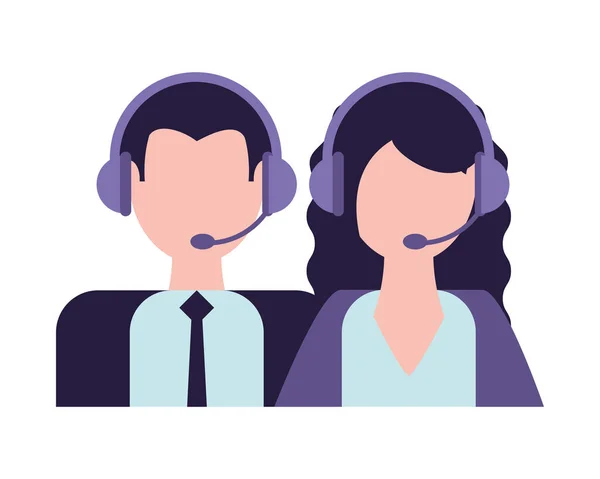 Couple of operators with headphones, customer service — 图库矢量图片