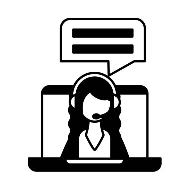 woman operator on laptop screen with headphones, customer service