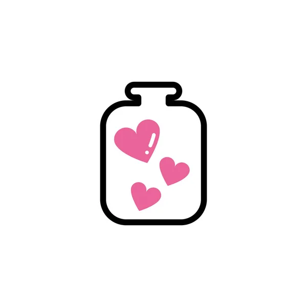 Botella con corazones, estilo de línea y color — Vector de stock