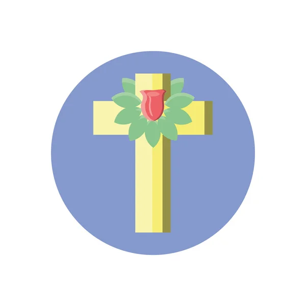 Catholic cross with leaves crown, block style icon — ストックベクタ