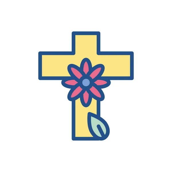 Cruz con hermoso icono de la flor, colorido y diseño de estilo de línea — Vector de stock