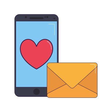 zarf ve akıllı telefon kalp simgesi, renkli tasarım