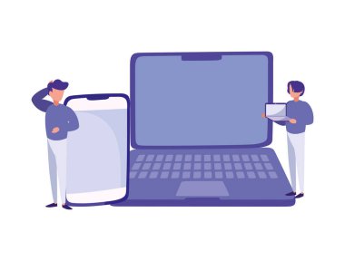 Dizüstü bilgisayarı ve akıllı telefonu olan renkli tasarımı olan adamlar.