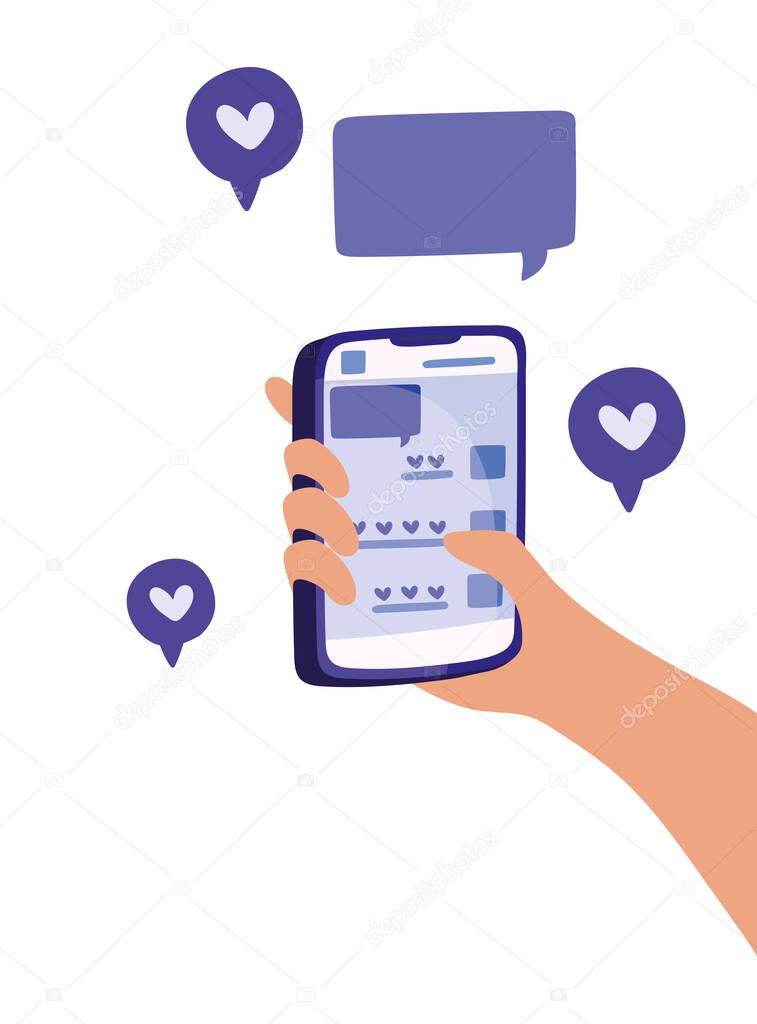 hand holding a smartphone and speech bubbles around