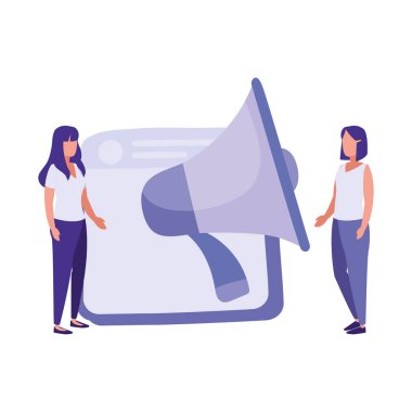 Ayakta duran kadınlar ve büyük megafon, renkli tasarım