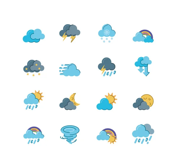 Chmury i ikony pogody ustawione na białym tle, kolorowe i płaskie — Wektor stockowy