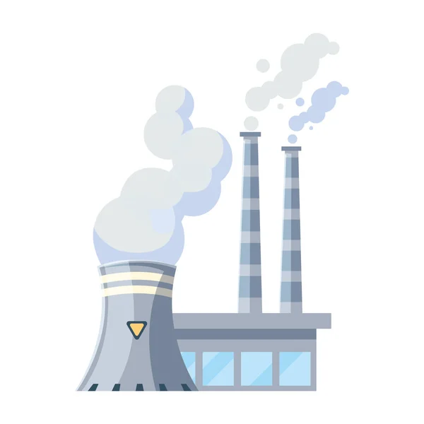 Reactor nuclear com nuvens de fumo sobre fundo branco —  Vetores de Stock