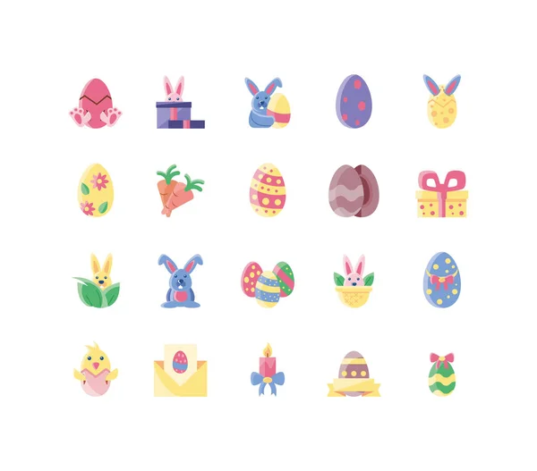 Lindo conejitos y feliz Pascua concepto de iconos conjunto, estilo plano y diseño colorido — Vector de stock