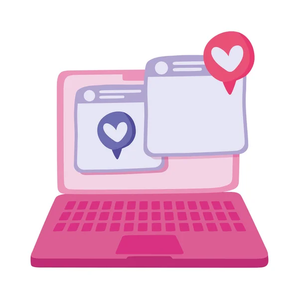 Розовый ноутбук компьютер и сердца вокруг, красочный дизайн — стоковый вектор