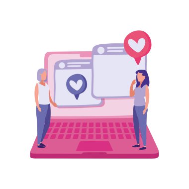 Pembe dizüstü bilgisayar, etrafında kadınlar var.