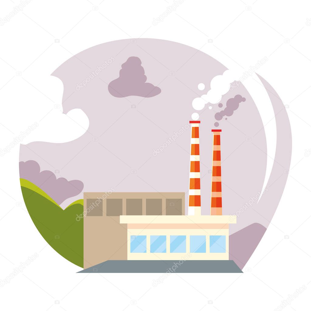 factory with smoke clouds on white background