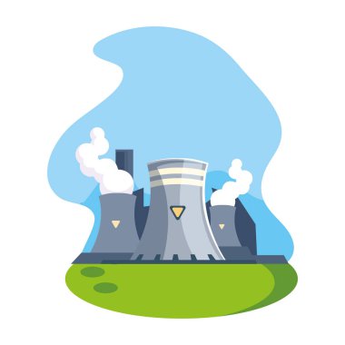 Beyaz zemin üzerinde duman bulutları olan nükleer reaktör