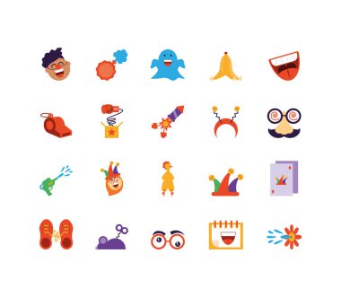 soytarı şapkası ve aptallar günü simgesi seti, renkli ve düz stil tasarımı