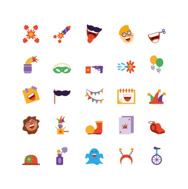 Aptal gün simgeleri seti, renkli ve düz stil tasarımı