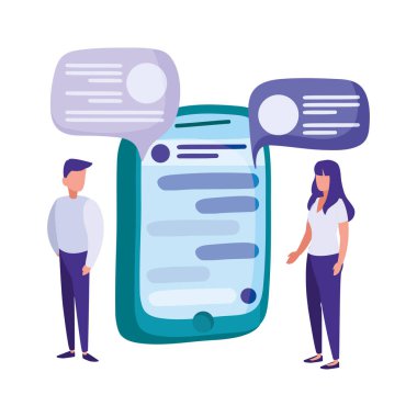 Kadın ve erkek konuşma baloncukları ve akıllı telefon, renkli tasarım