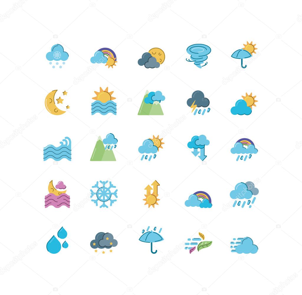 rainbows and weather icon set over white background, flat style icon