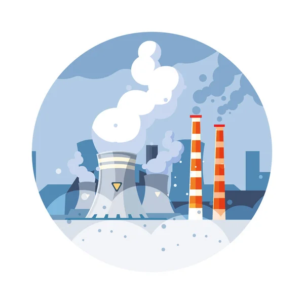 Reactor nuclear con nubes de humo sobre fondo blanco — Vector de stock