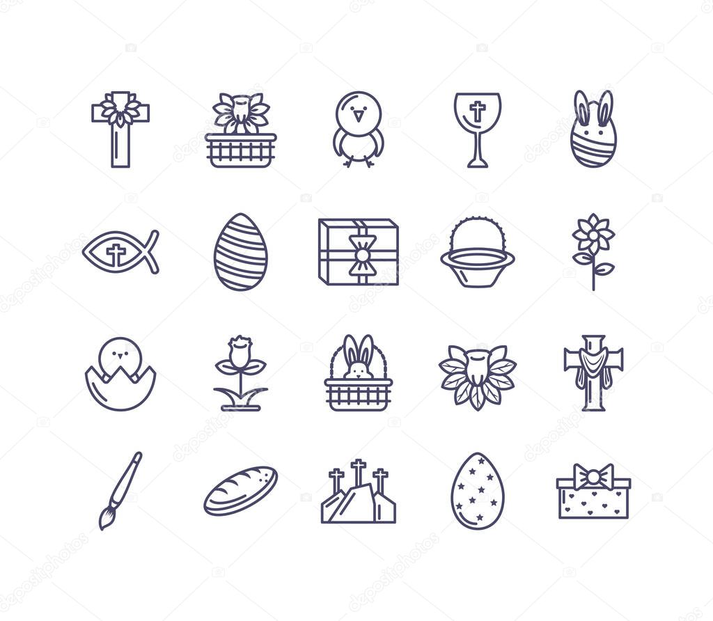 easter eggs and happy easter concept of icons set, line style design