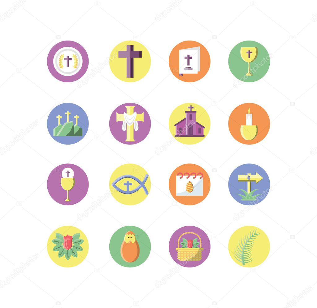 catholic related icons and happy easter icons set, block style design