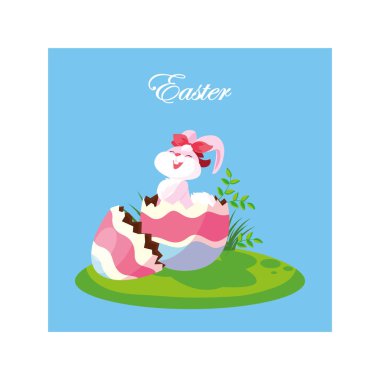 rabbit with easter label and egg, greeting card clipart