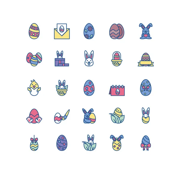 Feliz Pascua y conejos lindo icono conjunto, estilo de línea ydiseño colorido — Vector de stock