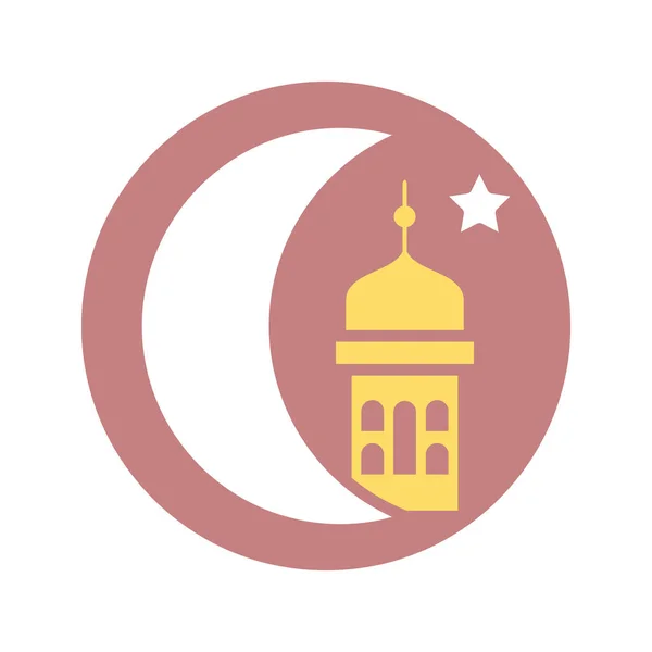 Media luna con mezquita islámica y estrella, diseño de estilo bloque — Vector de stock