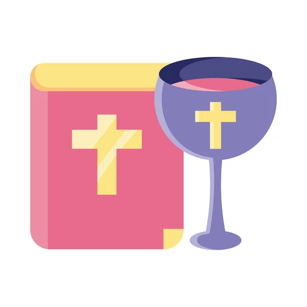 Catholic bible with a glass of wine on white background — Stockvector