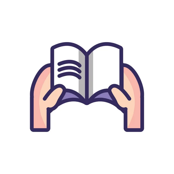 Mãos segurando um ícone de livro, linha colorida e estilo de preenchimento — Vetor de Stock